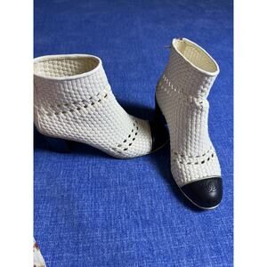 CHANEL Braided Lambskin Ankle Boots Cap Toe Buckle Logo EU 38 1/2